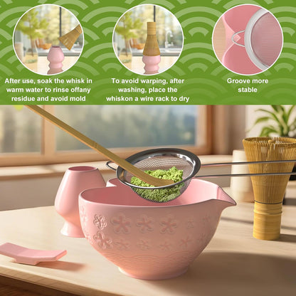 Matcha Whisk Set & Japanese Tea Set, 8PCS Ceramic Matcha Kit, Heart-shaped Matcha Bowl with Spout and Bamboo Whisk for Ceremony Matcha Lovers, Ideal Gift Christmas and Birthday (Matcha Green)