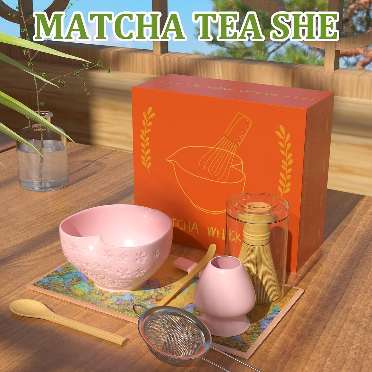 Matcha Whisk Set & Japanese Tea Set, 8PCS Ceramic Matcha Kit, Heart-shaped Matcha Bowl with Spout and Bamboo Whisk for Ceremony Matcha Lovers, Ideal Gift Christmas and Birthday (Matcha Green)