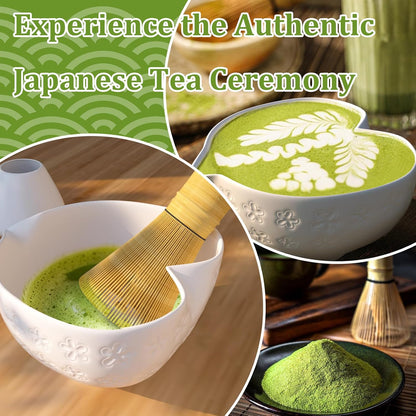 Matcha Whisk Set & Japanese Tea Set, 8PCS Ceramic Matcha Kit, Heart-shaped Matcha Bowl with Spout and Bamboo Whisk for Ceremony Matcha Lovers, Ideal Gift Christmas and Birthday (Matcha Green)