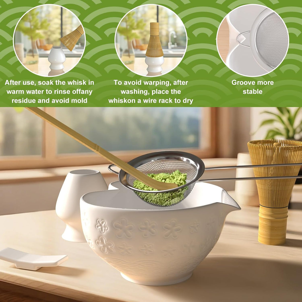 Matcha Whisk Set & Japanese Tea Set, 8PCS Ceramic Matcha Kit, Heart-shaped Matcha Bowl with Spout and Bamboo Whisk for Ceremony Matcha Lovers, Ideal Gift Christmas and Birthday (Matcha Green)