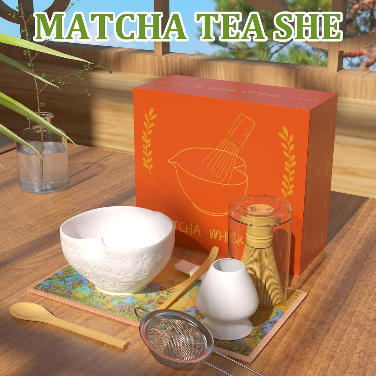 Matcha Whisk Set & Japanese Tea Set, 8PCS Ceramic Matcha Kit, Heart-shaped Matcha Bowl with Spout and Bamboo Whisk for Ceremony Matcha Lovers, Ideal Gift Christmas and Birthday (Matcha Green)