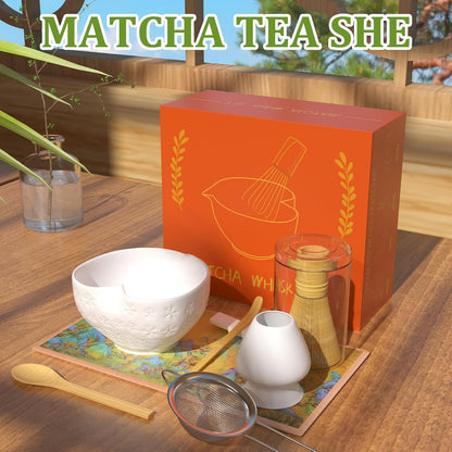Matcha Whisk Set & Japanese Tea Set, 8PCS Ceramic Matcha Kit, Heart-shaped Matcha Bowl with Spout and Bamboo Whisk for Ceremony Matcha Lovers, Ideal Gift Christmas and Birthday (Matcha Green)