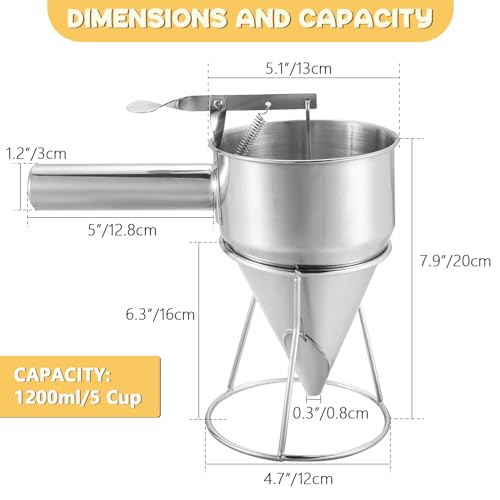 Pancake Batter Dispenser Funnels with Stand | Stainless Steel Funnel Cake Dispenser with Stand Great for Cupcakes, Takoyaki or Any Baked Goods (1200 ML/40 OZ/5 Cups)