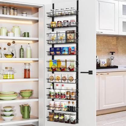 9 Tier Over Door Pantry Organizer, 2-in-1 Adjustable Spice Rack | Metal Pantry Door Organizers and Storage, Hanging or Wall Mount Shelves with 9 Adjustable Baskets, 3 Safety Bars, Black