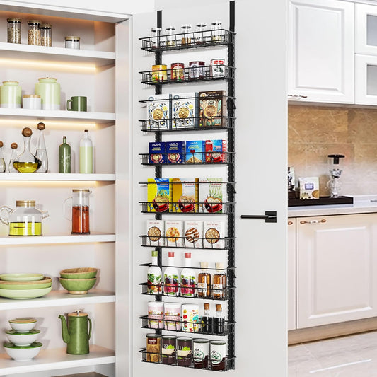 9 Tier Over Door Pantry Organizer, 2-in-1 Adjustable Spice Rack | Metal Pantry Door Organizers and Storage, Hanging or Wall Mount Shelves with 9 Adjustable Baskets, 3 Safety Bars, Black