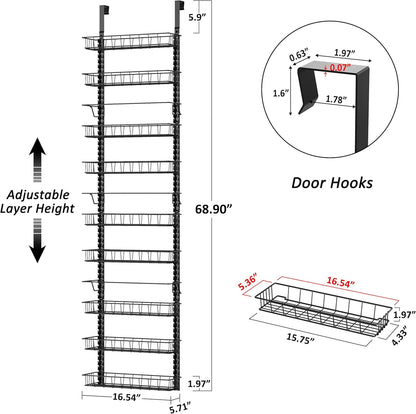 9 Tier Over Door Pantry Organizer, 2-in-1 Adjustable Spice Rack | Metal Pantry Door Organizers and Storage, Hanging or Wall Mount Shelves with 9 Adjustable Baskets, 3 Safety Bars, Black
