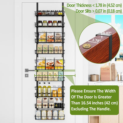 9 Tier Over Door Pantry Organizer, 2-in-1 Adjustable Spice Rack | Metal Pantry Door Organizers and Storage, Hanging or Wall Mount Shelves with 9 Adjustable Baskets, 3 Safety Bars, Black