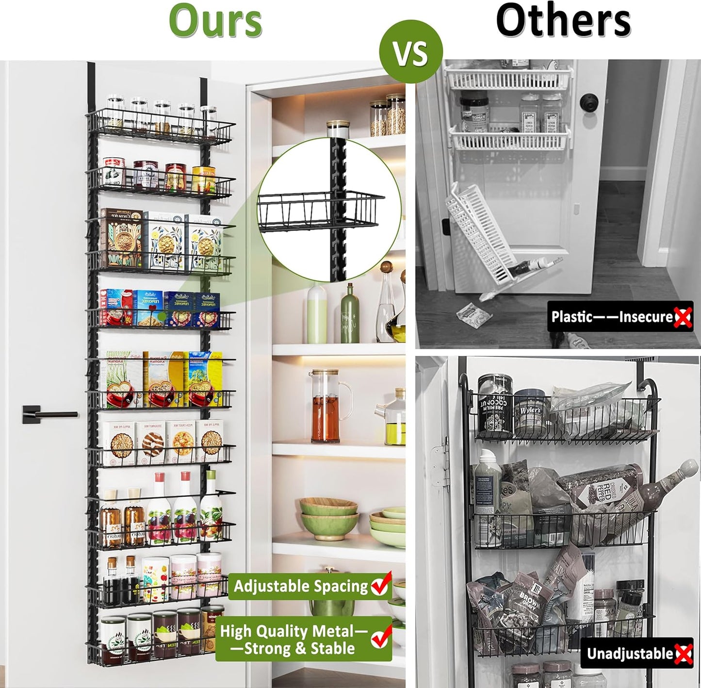 9 Tier Over Door Pantry Organizer, 2-in-1 Adjustable Spice Rack | Metal Pantry Door Organizers and Storage, Hanging or Wall Mount Shelves with 9 Adjustable Baskets, 3 Safety Bars, Black