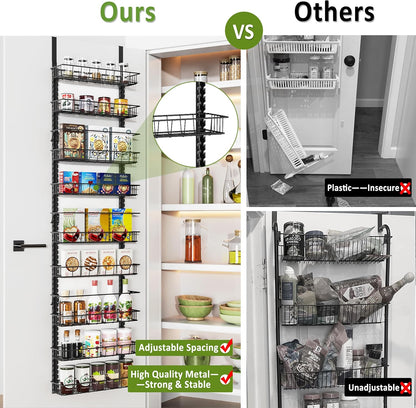 9 Tier Over Door Pantry Organizer, 2-in-1 Adjustable Spice Rack | Metal Pantry Door Organizers and Storage, Hanging or Wall Mount Shelves with 9 Adjustable Baskets, 3 Safety Bars, Black
