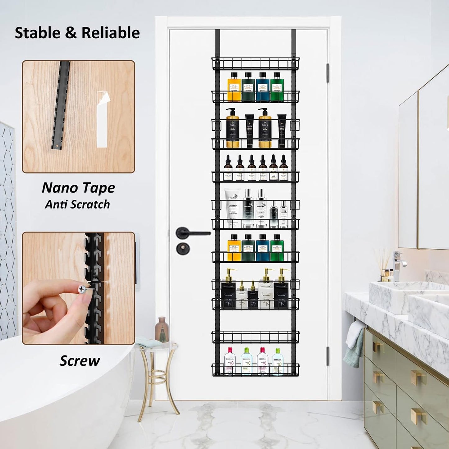 9 Tier Over Door Pantry Organizer, 2-in-1 Adjustable Spice Rack | Metal Pantry Door Organizers and Storage, Hanging or Wall Mount Shelves with 9 Adjustable Baskets, 3 Safety Bars, Black