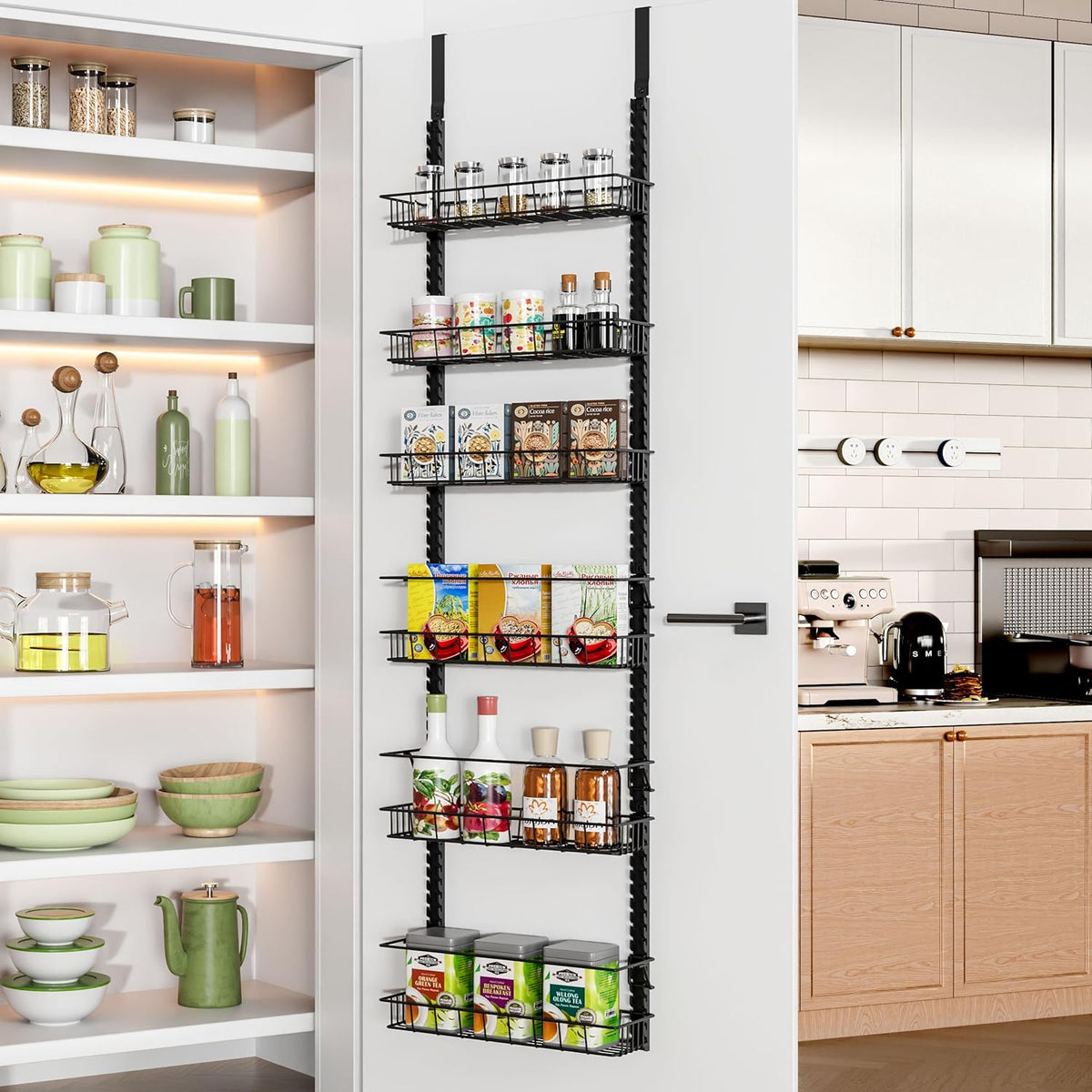 9 Tier Over Door Pantry Organizer, 2-in-1 Adjustable Spice Rack | Metal Pantry Door Organizers and Storage, Hanging or Wall Mount Shelves with 9 Adjustable Baskets, 3 Safety Bars, Black