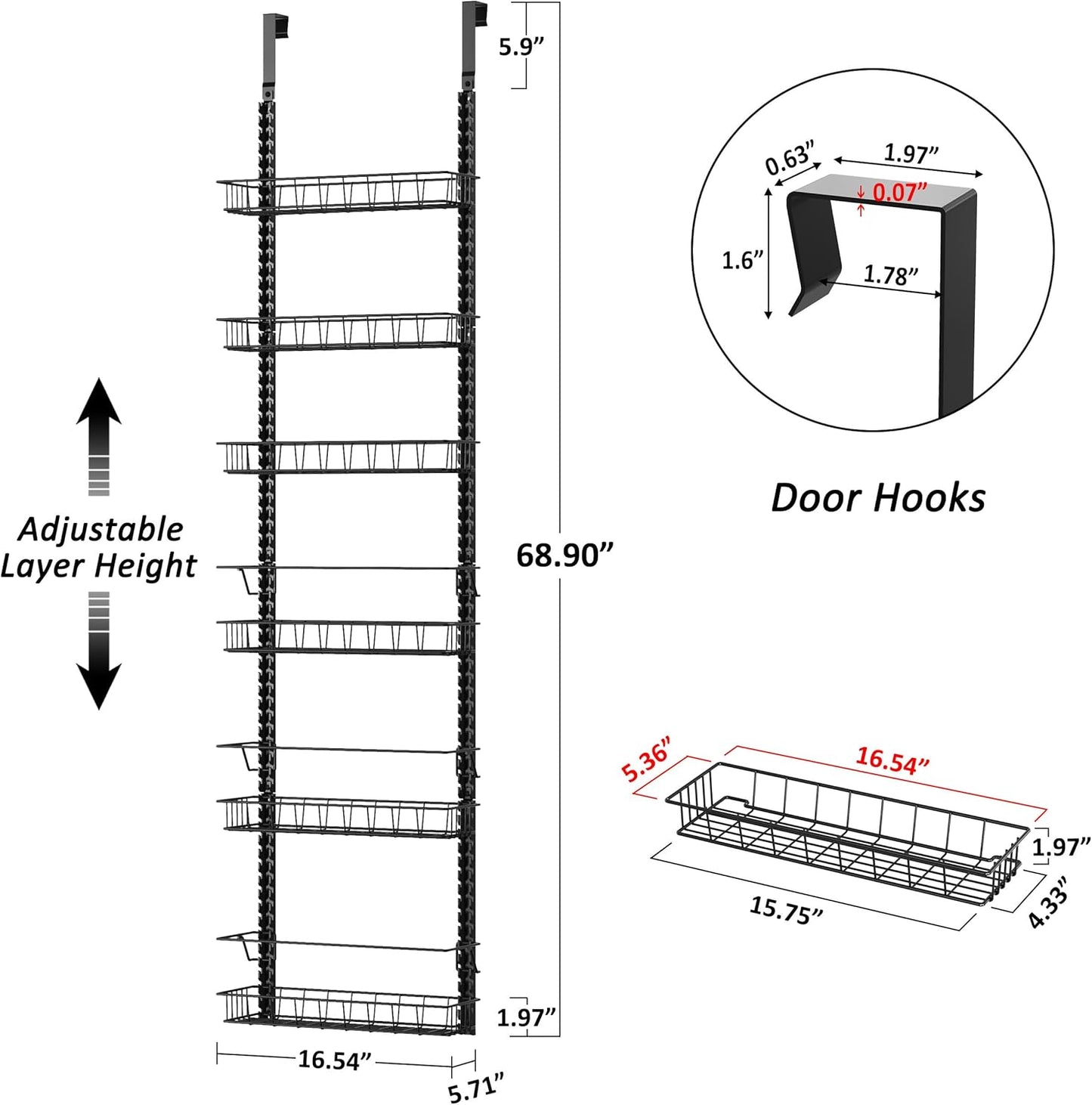 9 Tier Over Door Pantry Organizer, 2-in-1 Adjustable Spice Rack | Metal Pantry Door Organizers and Storage, Hanging or Wall Mount Shelves with 9 Adjustable Baskets, 3 Safety Bars, Black