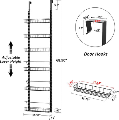 9 Tier Over Door Pantry Organizer, 2-in-1 Adjustable Spice Rack | Metal Pantry Door Organizers and Storage, Hanging or Wall Mount Shelves with 9 Adjustable Baskets, 3 Safety Bars, Black