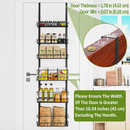 9 Tier Over Door Pantry Organizer, 2-in-1 Adjustable Spice Rack | Metal Pantry Door Organizers and Storage, Hanging or Wall Mount Shelves with 9 Adjustable Baskets, 3 Safety Bars, Black
