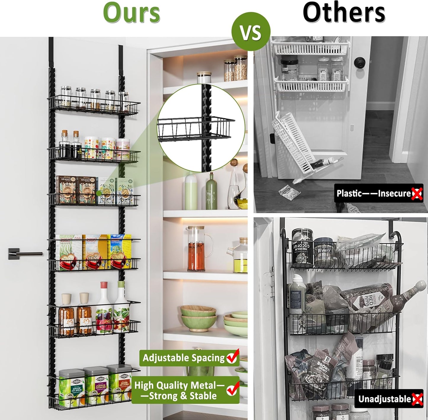 9 Tier Over Door Pantry Organizer, 2-in-1 Adjustable Spice Rack | Metal Pantry Door Organizers and Storage, Hanging or Wall Mount Shelves with 9 Adjustable Baskets, 3 Safety Bars, Black