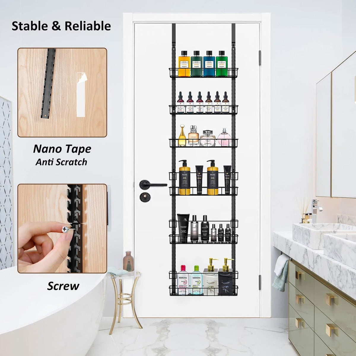 9 Tier Over Door Pantry Organizer, 2-in-1 Adjustable Spice Rack | Metal Pantry Door Organizers and Storage, Hanging or Wall Mount Shelves with 9 Adjustable Baskets, 3 Safety Bars, Black
