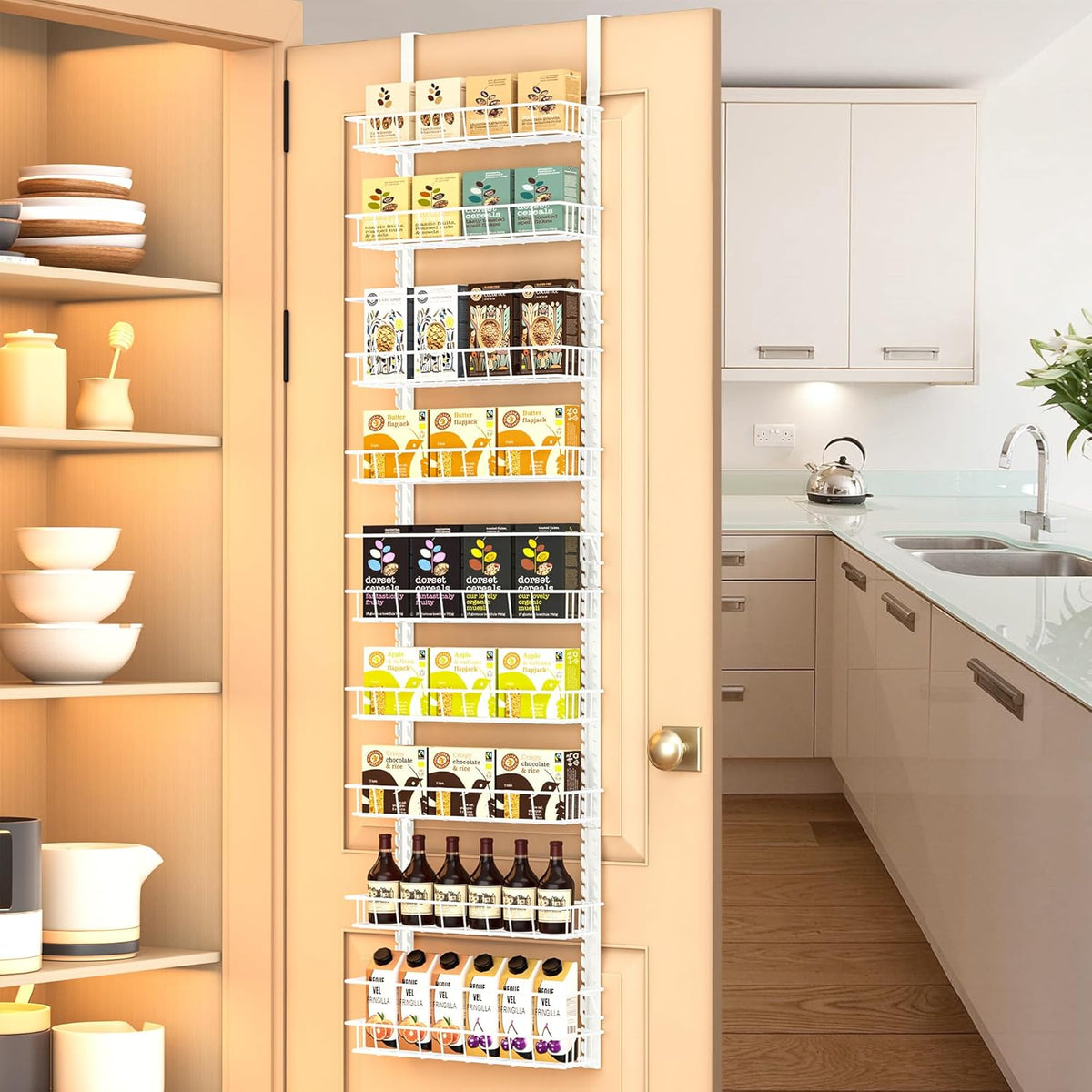 9 Tier Over Door Pantry Organizer, 2-in-1 Adjustable Spice Rack | Metal Pantry Door Organizers and Storage, Hanging or Wall Mount Shelves with 9 Adjustable Baskets, 3 Safety Bars, Black