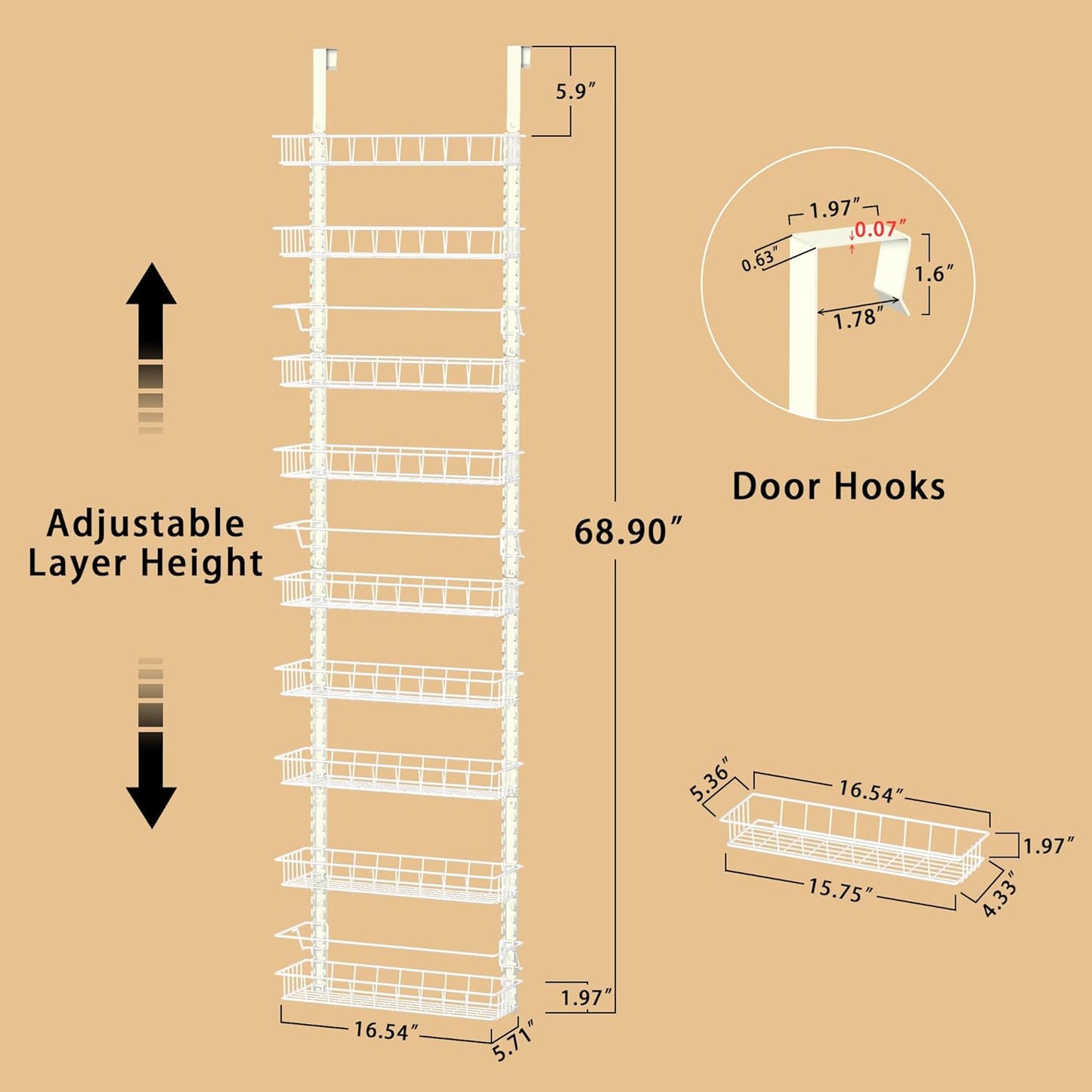 9 Tier Over Door Pantry Organizer, 2-in-1 Adjustable Spice Rack | Metal Pantry Door Organizers and Storage, Hanging or Wall Mount Shelves with 9 Adjustable Baskets, 3 Safety Bars, Black