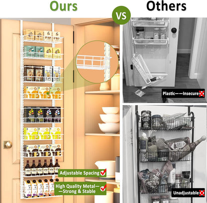 9 Tier Over Door Pantry Organizer, 2-in-1 Adjustable Spice Rack | Metal Pantry Door Organizers and Storage, Hanging or Wall Mount Shelves with 9 Adjustable Baskets, 3 Safety Bars, Black