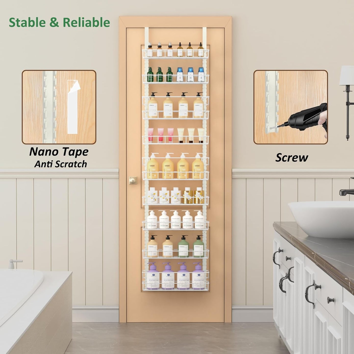 9 Tier Over Door Pantry Organizer, 2-in-1 Adjustable Spice Rack | Metal Pantry Door Organizers and Storage, Hanging or Wall Mount Shelves with 9 Adjustable Baskets, 3 Safety Bars, Black
