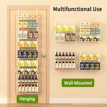 9 Tier Over Door Pantry Organizer, 2-in-1 Adjustable Spice Rack | Metal Pantry Door Organizers and Storage, Hanging or Wall Mount Shelves with 9 Adjustable Baskets, 3 Safety Bars, Black