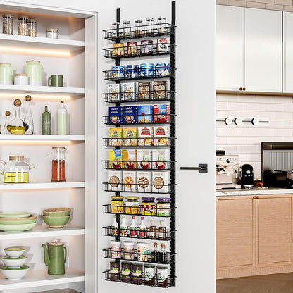 9 Tier Over Door Pantry Organizer, 2-in-1 Adjustable Spice Rack | Metal Pantry Door Organizers and Storage, Hanging or Wall Mount Shelves with 9 Adjustable Baskets, 3 Safety Bars, Black