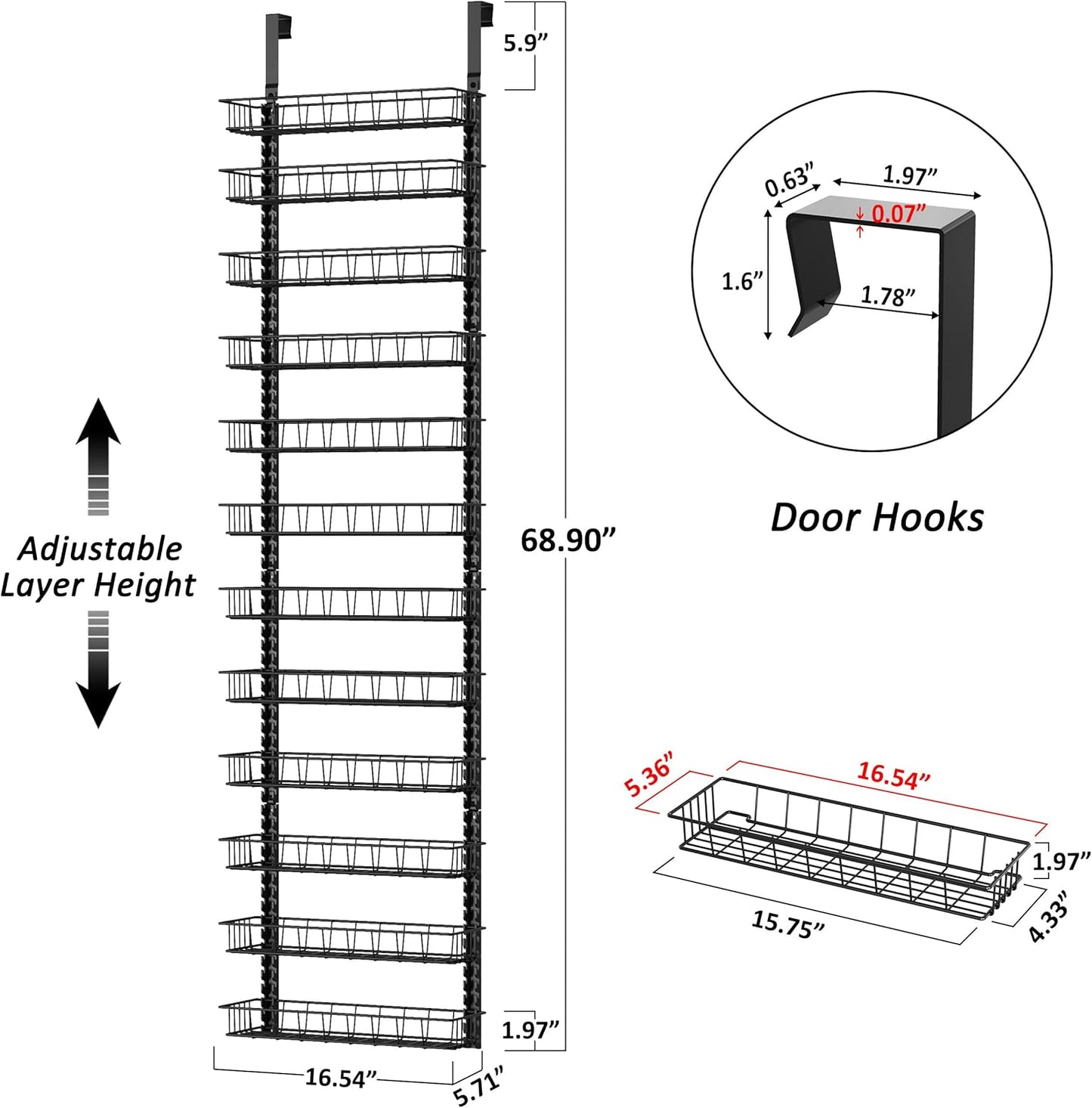 9 Tier Over Door Pantry Organizer, 2-in-1 Adjustable Spice Rack | Metal Pantry Door Organizers and Storage, Hanging or Wall Mount Shelves with 9 Adjustable Baskets, 3 Safety Bars, Black