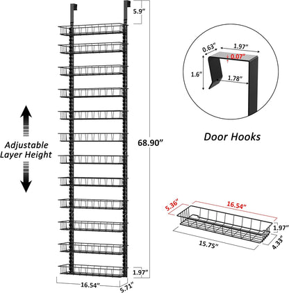 9 Tier Over Door Pantry Organizer, 2-in-1 Adjustable Spice Rack | Metal Pantry Door Organizers and Storage, Hanging or Wall Mount Shelves with 9 Adjustable Baskets, 3 Safety Bars, Black