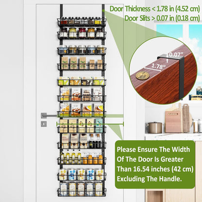 9 Tier Over Door Pantry Organizer, 2-in-1 Adjustable Spice Rack | Metal Pantry Door Organizers and Storage, Hanging or Wall Mount Shelves with 9 Adjustable Baskets, 3 Safety Bars, Black