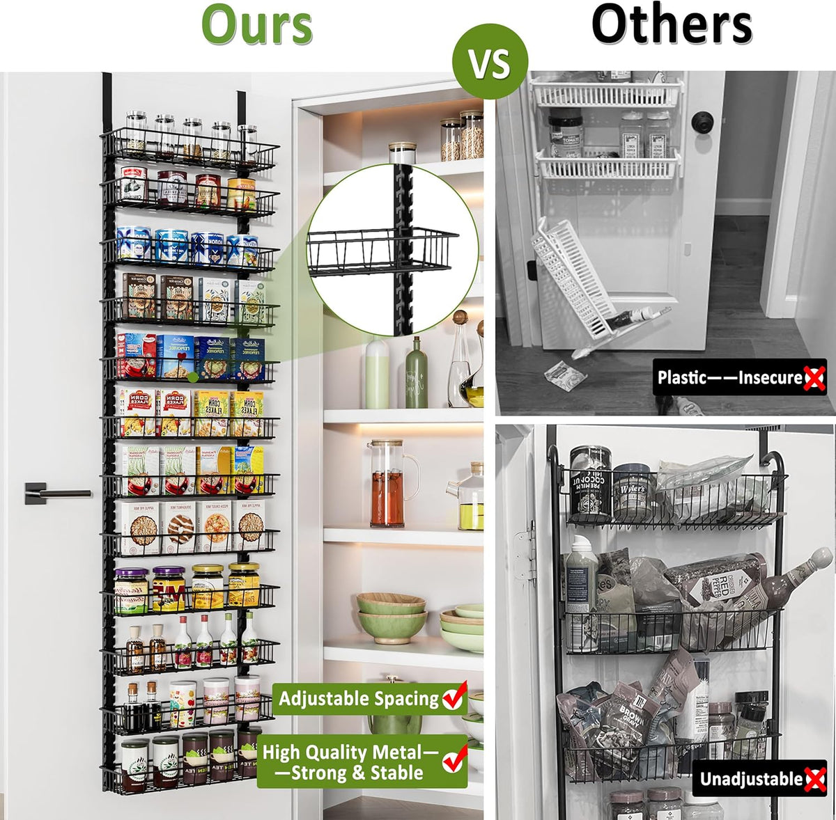 9 Tier Over Door Pantry Organizer, 2-in-1 Adjustable Spice Rack | Metal Pantry Door Organizers and Storage, Hanging or Wall Mount Shelves with 9 Adjustable Baskets, 3 Safety Bars, Black
