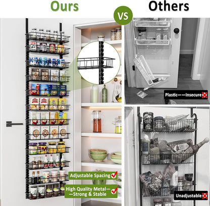 9 Tier Over Door Pantry Organizer, 2-in-1 Adjustable Spice Rack | Metal Pantry Door Organizers and Storage, Hanging or Wall Mount Shelves with 9 Adjustable Baskets, 3 Safety Bars, Black