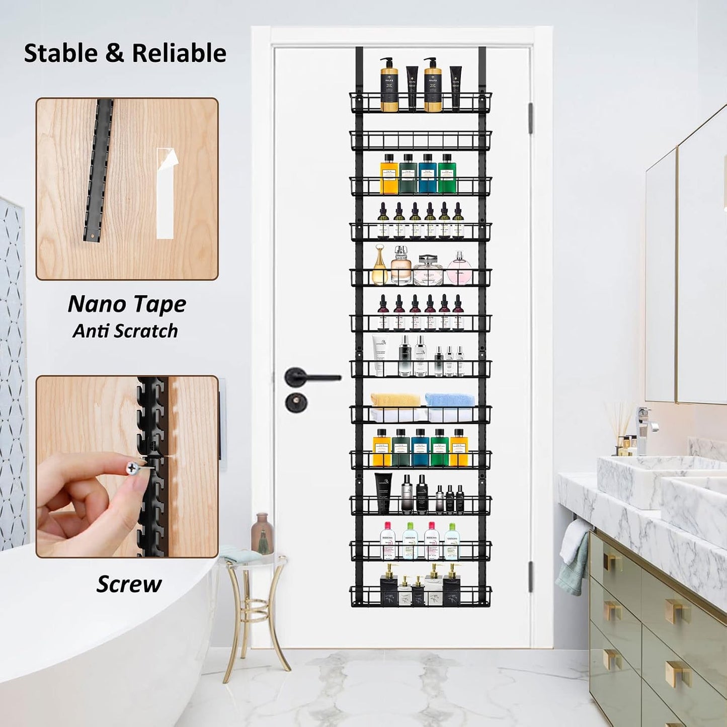 9 Tier Over Door Pantry Organizer, 2-in-1 Adjustable Spice Rack | Metal Pantry Door Organizers and Storage, Hanging or Wall Mount Shelves with 9 Adjustable Baskets, 3 Safety Bars, Black