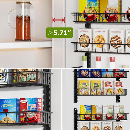 9 Tier Over Door Pantry Organizer, 2-in-1 Adjustable Spice Rack | Metal Pantry Door Organizers and Storage, Hanging or Wall Mount Shelves with 9 Adjustable Baskets, 3 Safety Bars, Black