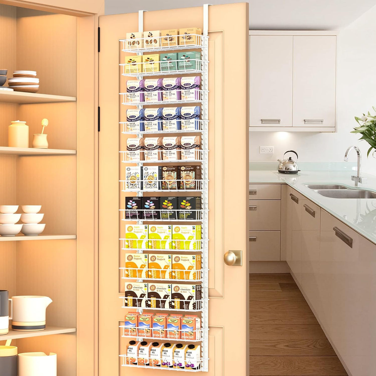 9 Tier Over Door Pantry Organizer, 2-in-1 Adjustable Spice Rack | Metal Pantry Door Organizers and Storage, Hanging or Wall Mount Shelves with 9 Adjustable Baskets, 3 Safety Bars, Black