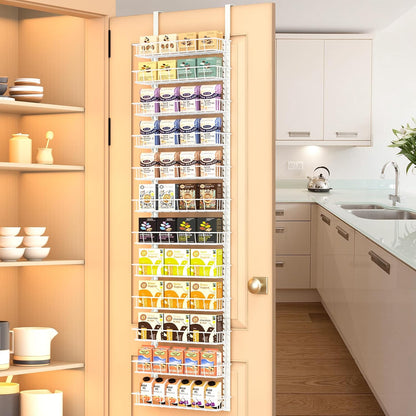 9 Tier Over Door Pantry Organizer, 2-in-1 Adjustable Spice Rack | Metal Pantry Door Organizers and Storage, Hanging or Wall Mount Shelves with 9 Adjustable Baskets, 3 Safety Bars, Black