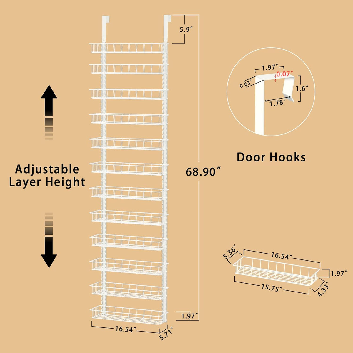 9 Tier Over Door Pantry Organizer, 2-in-1 Adjustable Spice Rack | Metal Pantry Door Organizers and Storage, Hanging or Wall Mount Shelves with 9 Adjustable Baskets, 3 Safety Bars, Black
