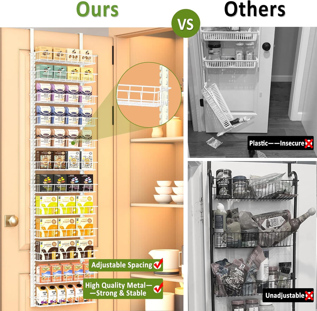 9 Tier Over Door Pantry Organizer, 2-in-1 Adjustable Spice Rack | Metal Pantry Door Organizers and Storage, Hanging or Wall Mount Shelves with 9 Adjustable Baskets, 3 Safety Bars, Black