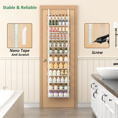 9 Tier Over Door Pantry Organizer, 2-in-1 Adjustable Spice Rack | Metal Pantry Door Organizers and Storage, Hanging or Wall Mount Shelves with 9 Adjustable Baskets, 3 Safety Bars, Black