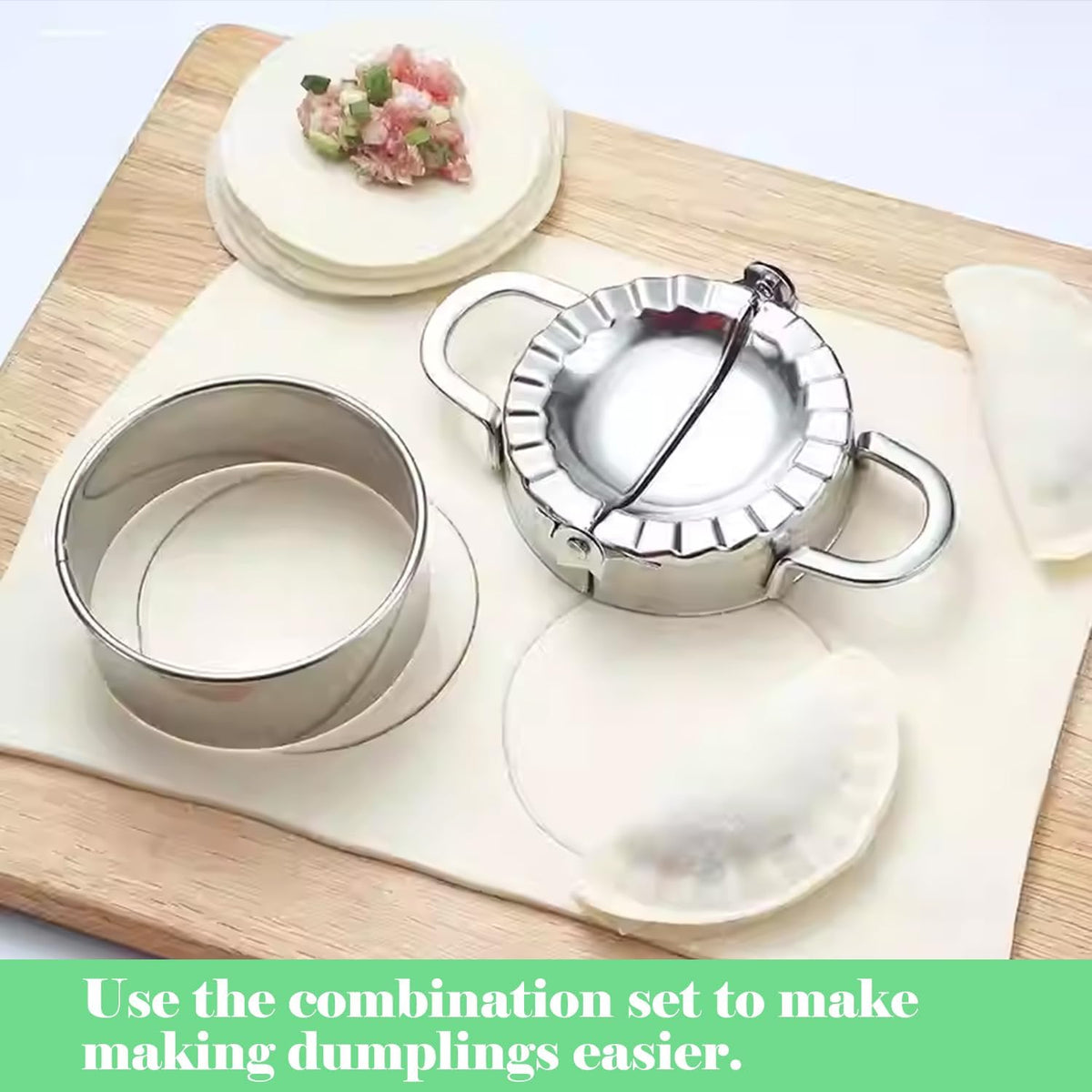 2-in-1 Stainless Steel Dumpling Maker Set with Dough Cutter - Professional Empanada Press & Pie Mold for Dumplings, Ravioli, Pierogi, Hand Pies - Dishwasher Safe