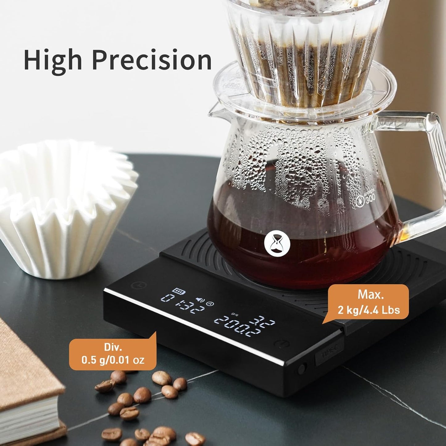 Coffee Scale Basic 2.0 Electronic Espresso Scale with Water Flow Rate and Timer Function, Free Switching of Ounce/kg Units, Digital Scale for Kitchen/Baking/Cooking, Black
