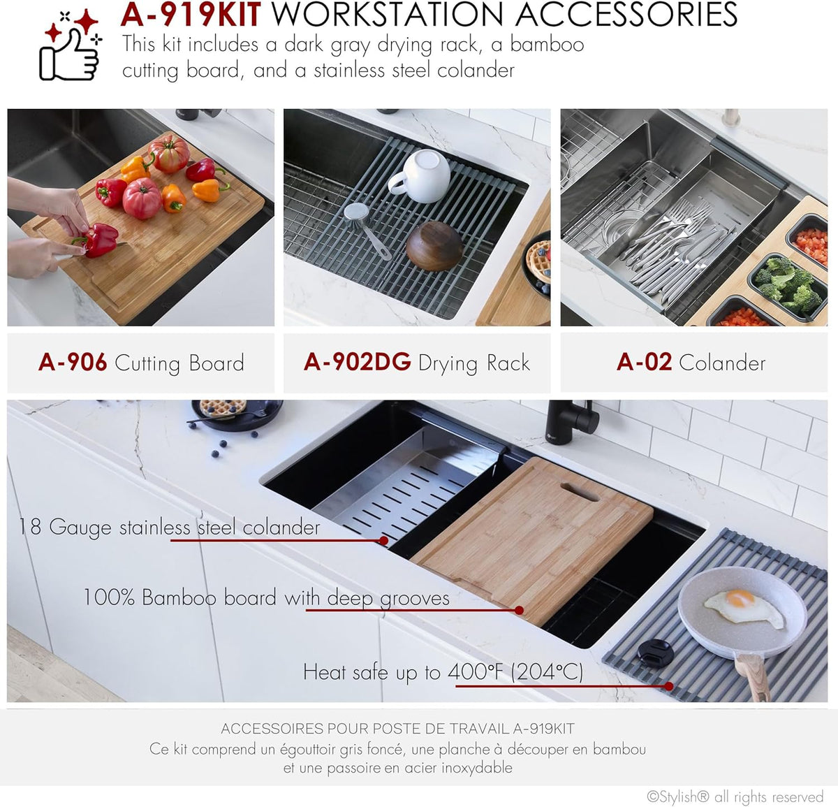 Workstation Kitchen Sink Accessories Kit. Includes: Colander, Drying Rack and Cutting Board for 17 inches sink opening, A-919KIT