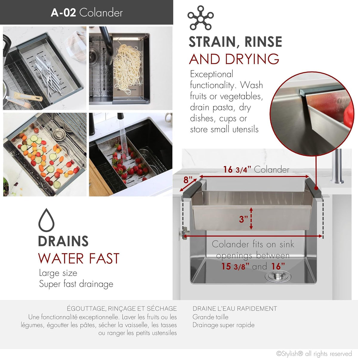 Workstation Kitchen Sink Accessories Kit. Includes: Colander, Drying Rack and Cutting Board for 17 inches sink opening, A-919KIT