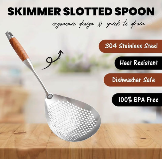 Skimmer Slotted Spoon 304 Stainless Steel With Wooden Handle 16.8 inch Skimmer Spider Food Strainer Ladle Kitchen Cooking Colander for Pasta Deep Frying Scoop