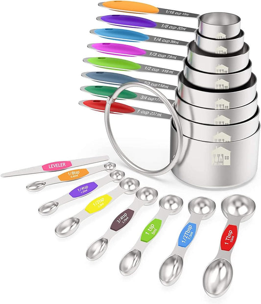 Measuring Cups and Magnetic Measuring Spoons Set, 16Pcs | 8 Stainless Measuring Cups, 7 Double-sided Magnetic Measuring Spoons & leveler for Spice Jar and Liquid Measuring, Multicolor