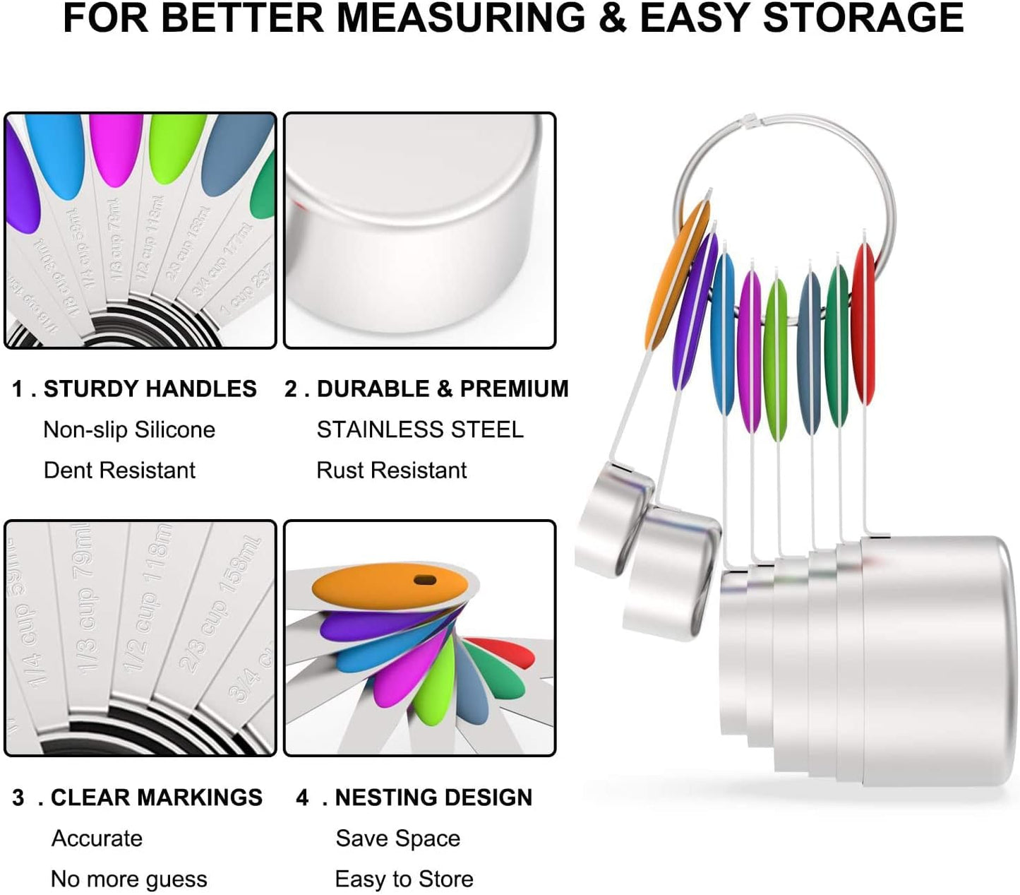 Measuring Cups and Magnetic Measuring Spoons Set, 16Pcs | 8 Stainless Measuring Cups, 7 Double-sided Magnetic Measuring Spoons & leveler for Spice Jar and Liquid Measuring, Multicolor