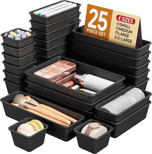 KEMETHY 25 PCS Plastic Drawer Organizers Set, 4 Sizes Vanity Organizer | Makeup and Desk Drawer Organizer Trays, Organization and Storage for Makeup, Bathroom, Kitchen Utensils and Office (Black)