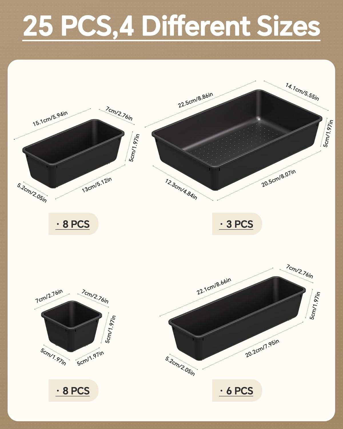 KEMETHY 25 PCS Plastic Drawer Organizers Set, 4 Sizes Vanity Organizer | Makeup and Desk Drawer Organizer Trays, Organization and Storage for Makeup, Bathroom, Kitchen Utensils and Office (Black)