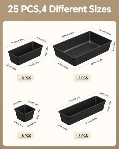 KEMETHY 25 PCS Plastic Drawer Organizers Set, 4 Sizes Vanity Organizer | Makeup and Desk Drawer Organizer Trays, Organization and Storage for Makeup, Bathroom, Kitchen Utensils and Office (Black)