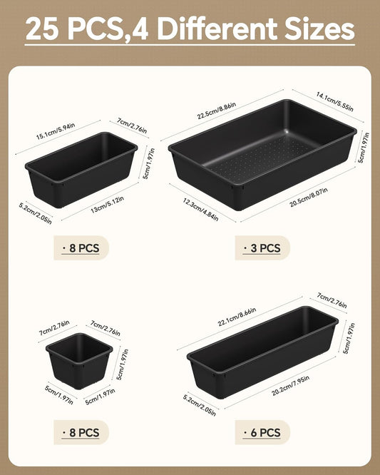 KEMETHY 25 PCS Plastic Drawer Organizers Set, 4 Sizes Vanity Organizer | Makeup and Desk Drawer Organizer Trays, Organization and Storage for Makeup, Bathroom, Kitchen Utensils and Office (Black)