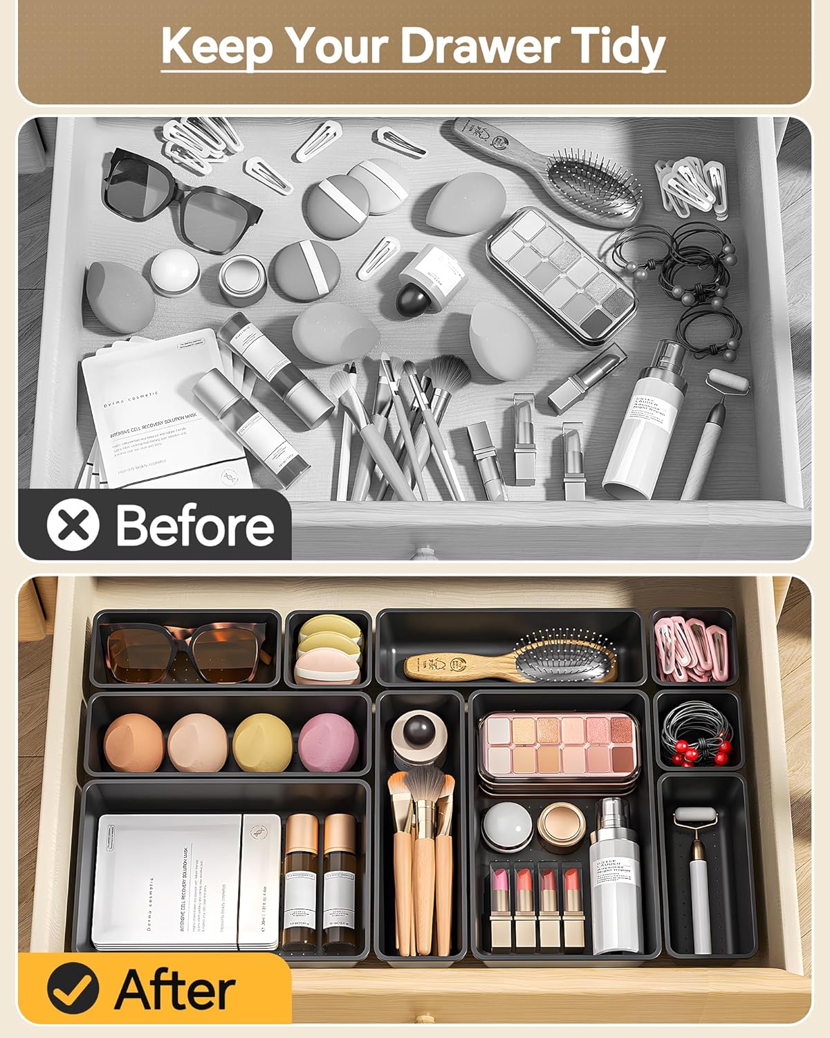 KEMETHY 25 PCS Plastic Drawer Organizers Set, 4 Sizes Vanity Organizer | Makeup and Desk Drawer Organizer Trays, Organization and Storage for Makeup, Bathroom, Kitchen Utensils and Office (Black)